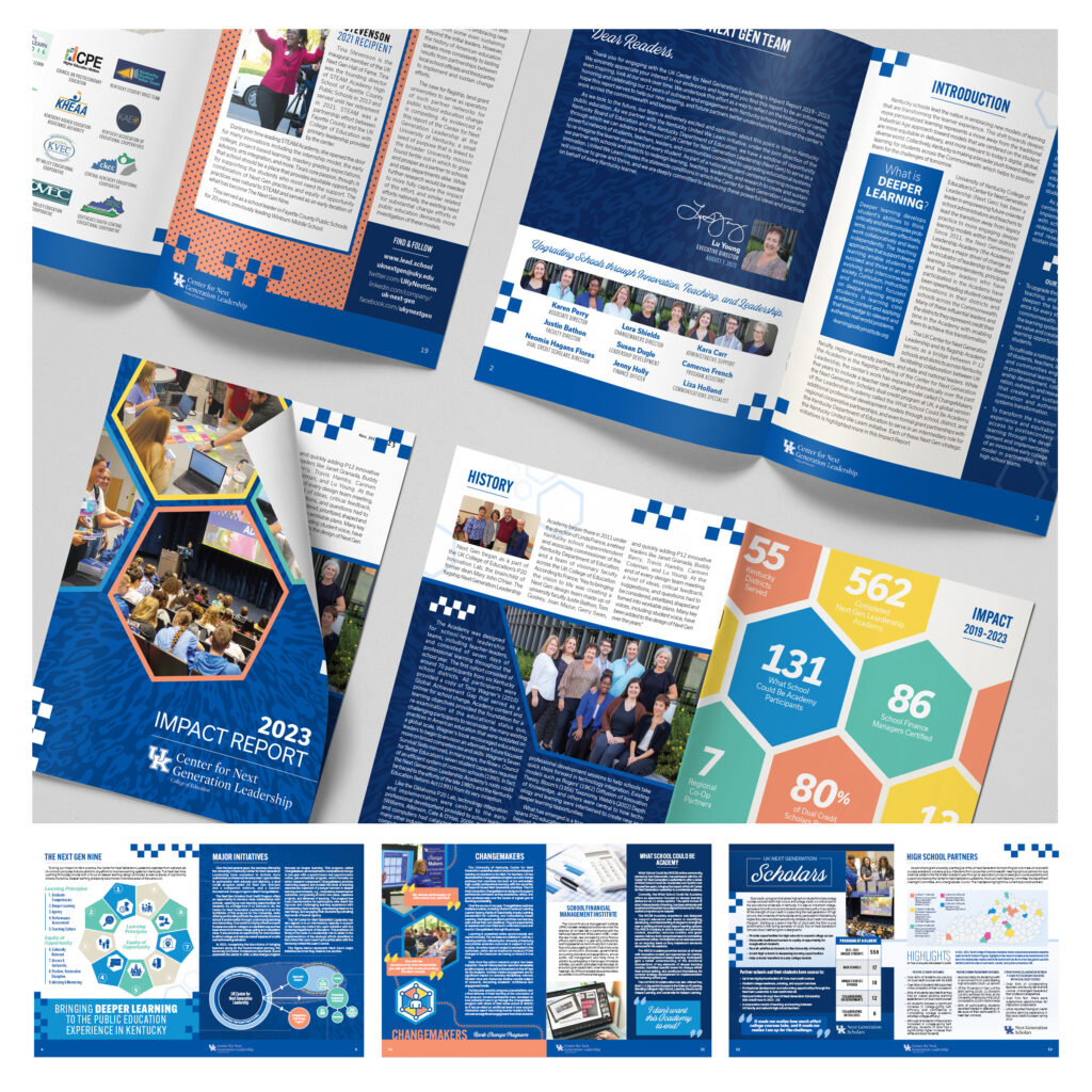 Samples of print design work for the Center for Next Generation Leadership