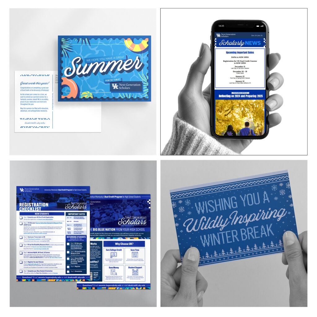 Samples of print and digital design work for the Dual Credit Scholars Program