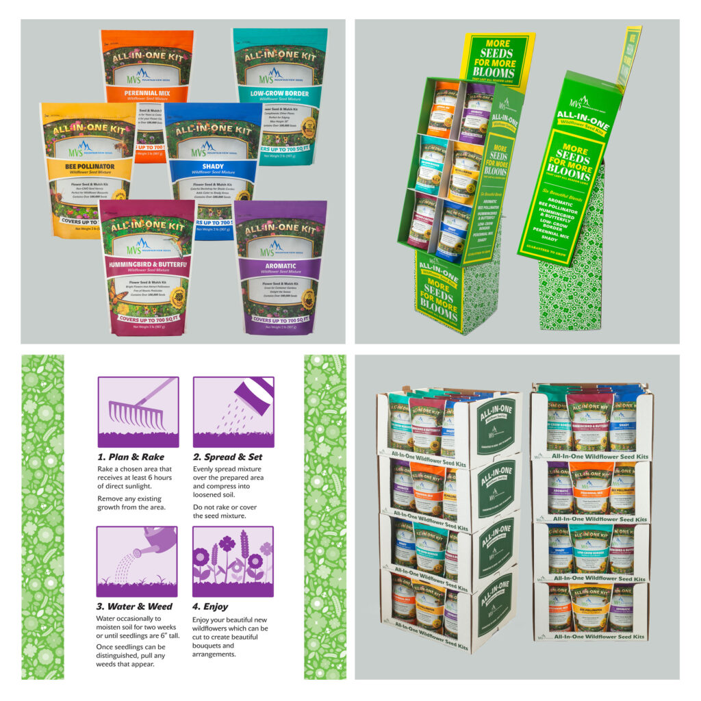 Samples of print design work for Mountain View Seeds